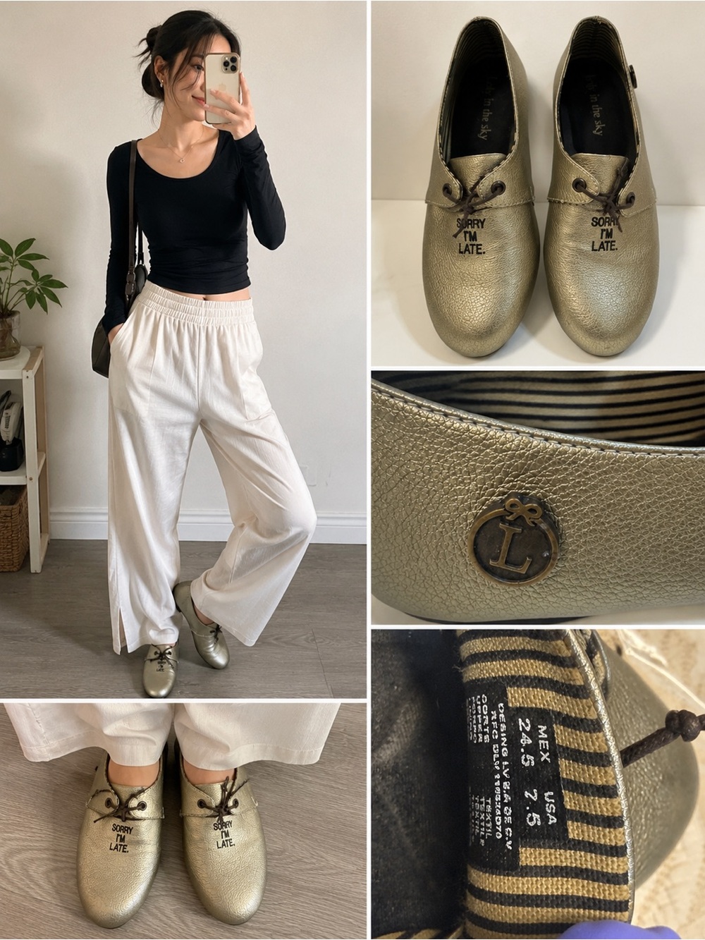 Loly in the Sky “Sorry I’m Late” Metallic Gold Oxford Shoes Size 7.5